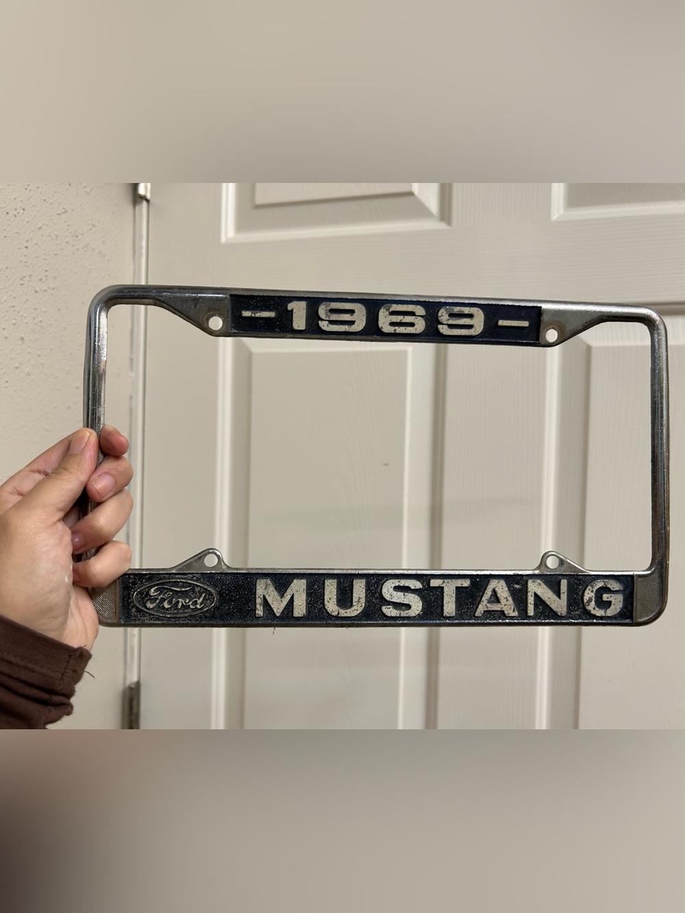 Vintage Chrome Ford Mustang License Plate Frame - Black and Silver